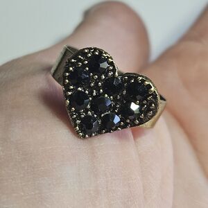 *Sale* Antique Gold Tone Finish Black Rhinestone Heart Ring Adj